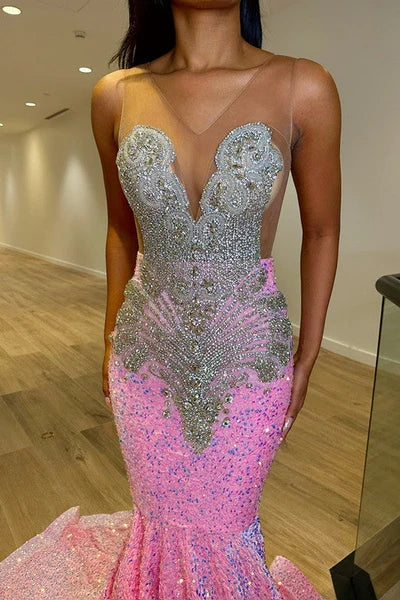 Glitter Mermaid V-Neck Sleeveless Beaded Formal Party Dress