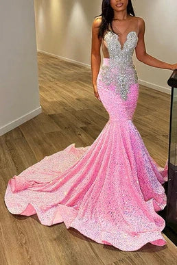 Glitter Mermaid V-Neck Sleeveless Beaded Formal Party Dress