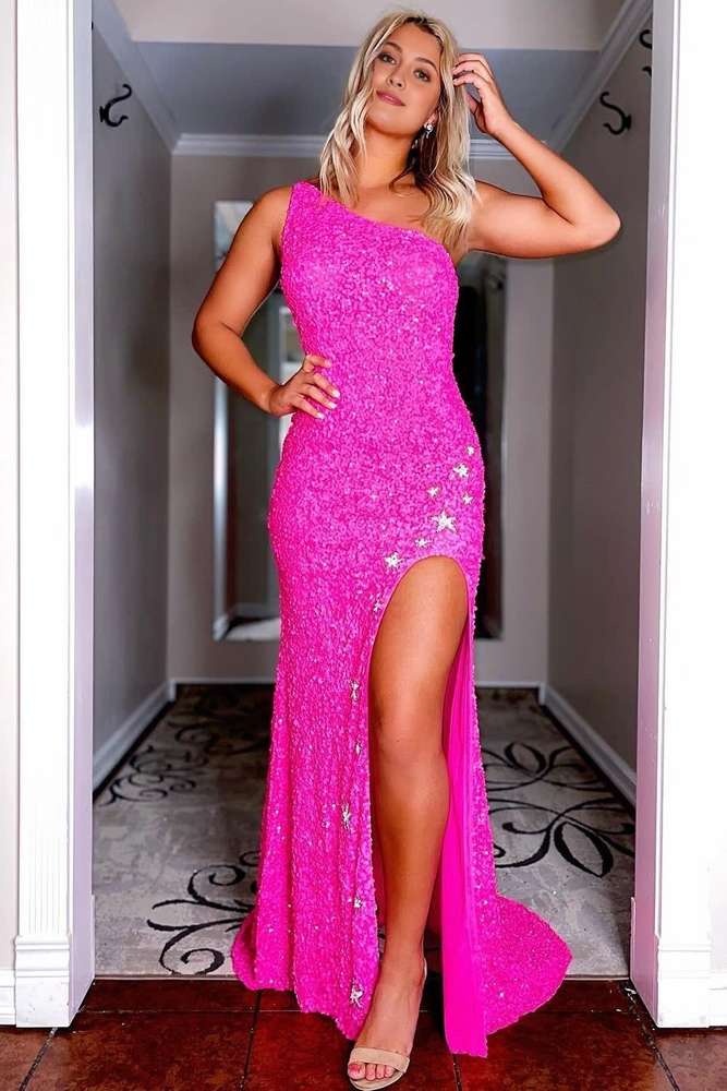 Glitter One Shoulder Sleeveless Mermaid Sequins Prom Dress