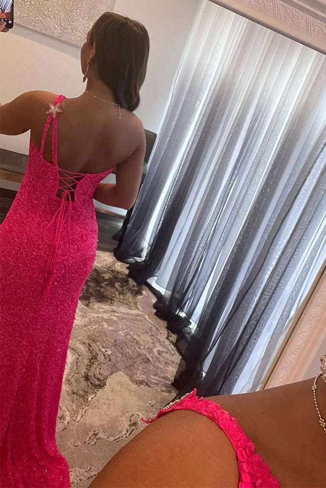 Glitter One Shoulder Sleeveless Mermaid Sequins Prom Dress