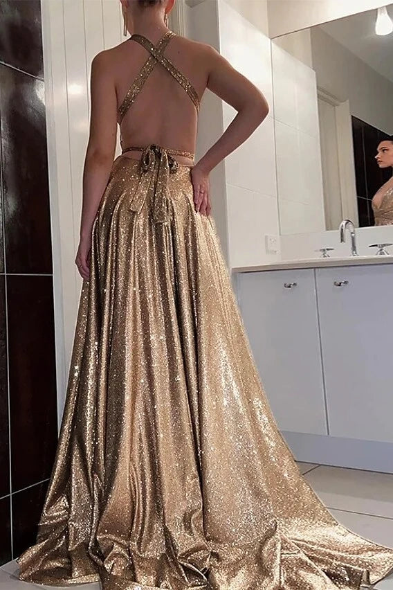 Glitter Satin A-Line V-Neck Backless Party Prom Dress