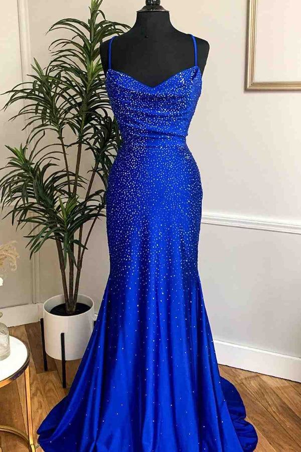 Glitter Satin Trumpet Spaghetti Straps Beaded Prom Dress