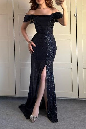 Glitter Sequins Empire Long Formal Prom Dress With Side Slit