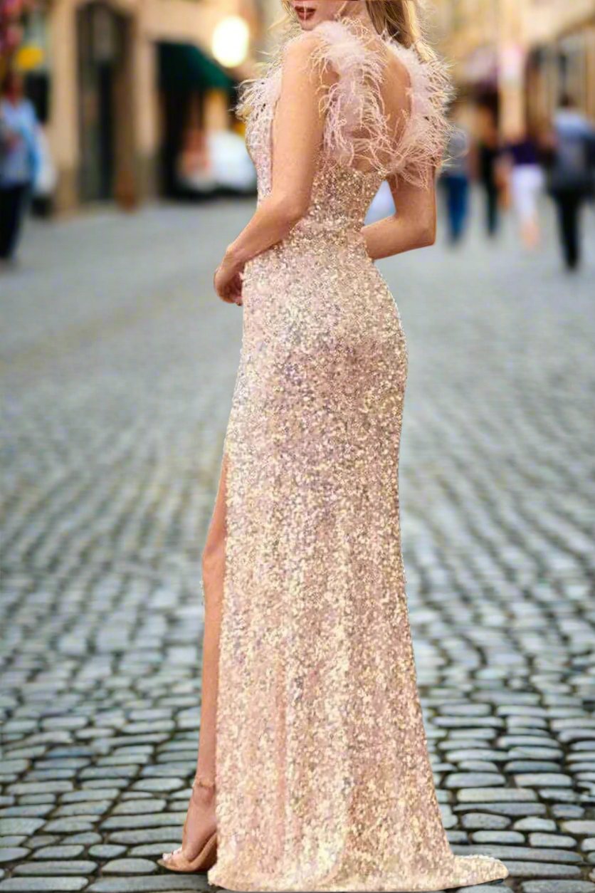 Glitter Sequins Sweetheart Feathers Spaghetti Straps Prom Dress