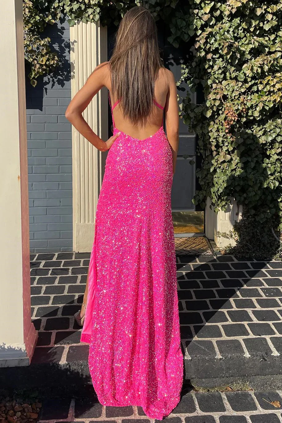 Glitter Sheath V-Neck Sleeveless With Side Slit Sequined Prom Dress