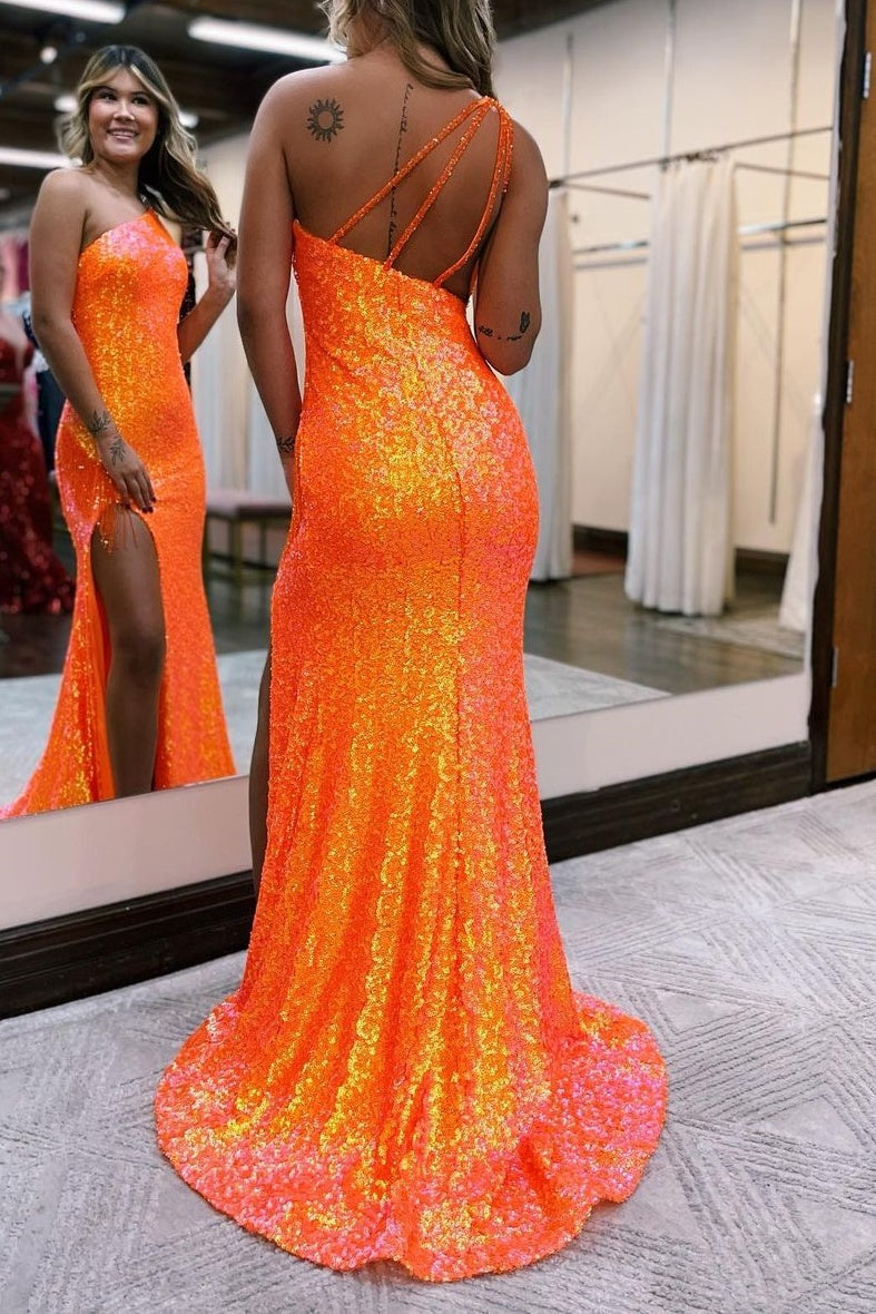 Glitter Trumpet One Shoulder Beaded With Train Prom Dress