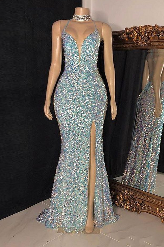 Glitter Trumpet Prom Dress With V-Neck Sleeveless And Slit