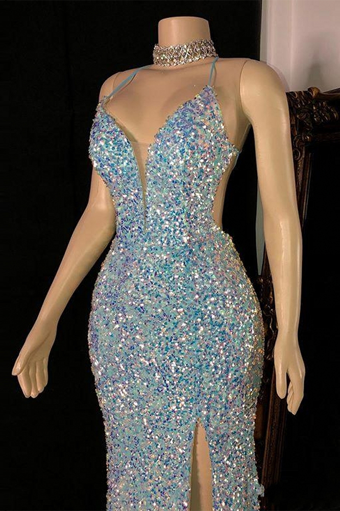 Glitter Trumpet Prom Dress With V-Neck Sleeveless And Slit