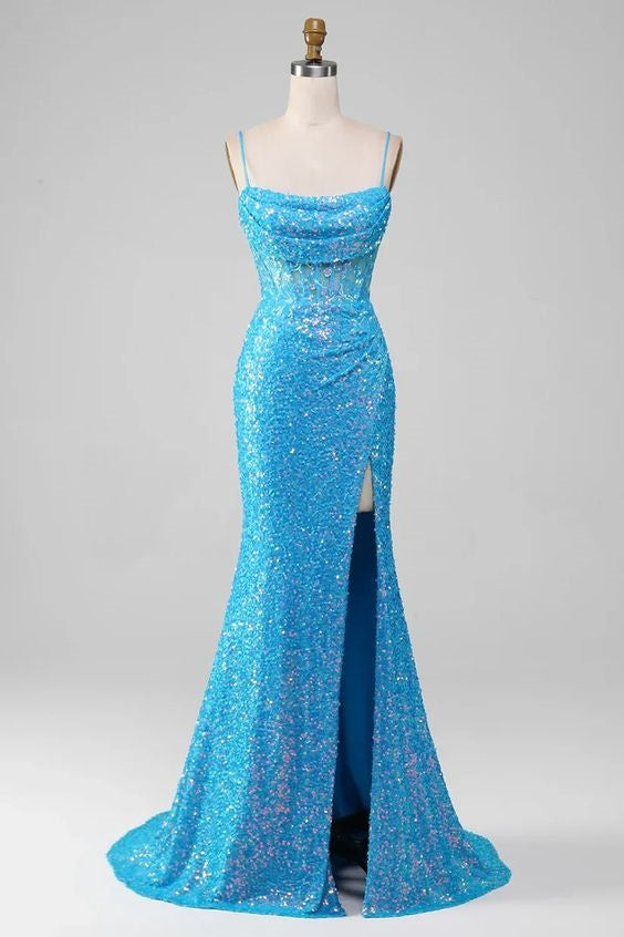 Glitter Trumpet Sleeveless Empire With Side Slit Prom Dress