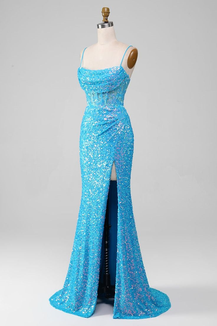 Glitter Trumpet Sleeveless Empire With Side Slit Prom Dress