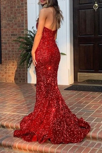 Glitter Trumpet V-Neck Strapless Party Prom Dress With Fully Sequins