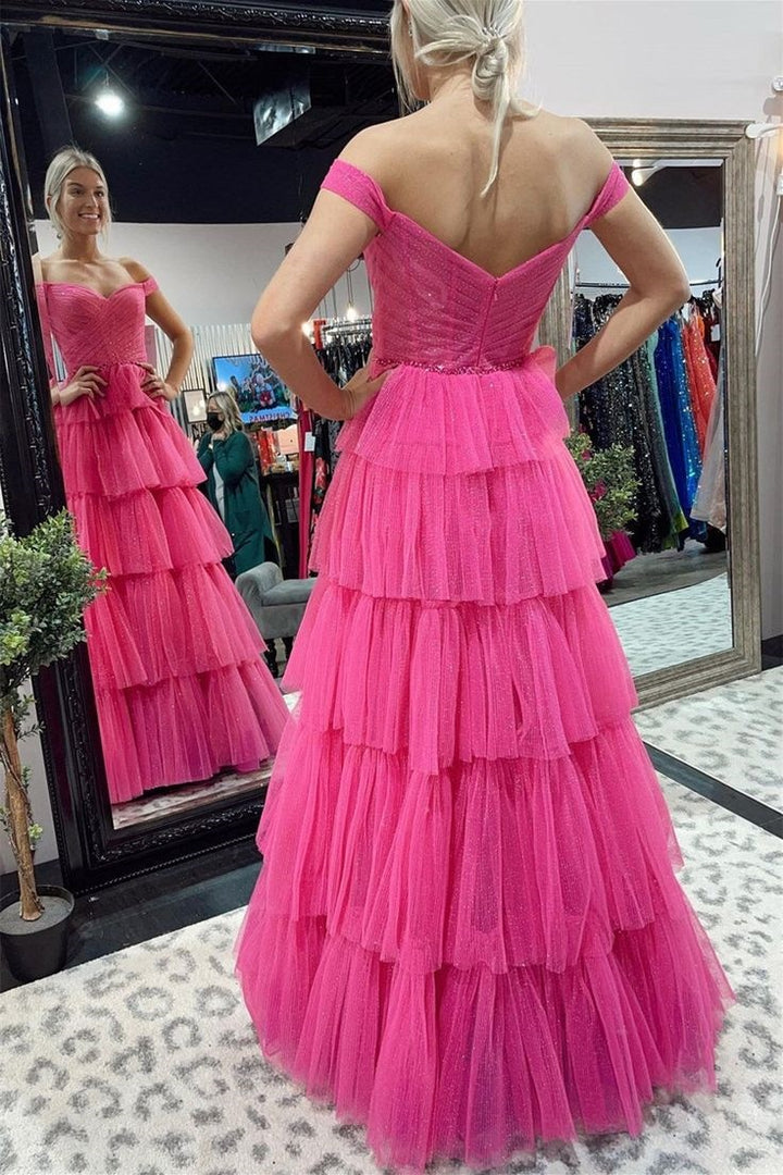 Chic Glitter Tulle A-Line Off-Shoulder Tiered Prom Dress