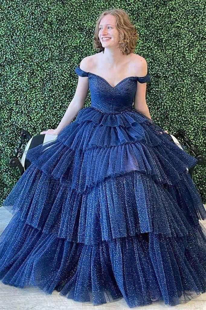 Chic Glitter Tulle A-Line Off-Shoulder Tiered Prom Dress