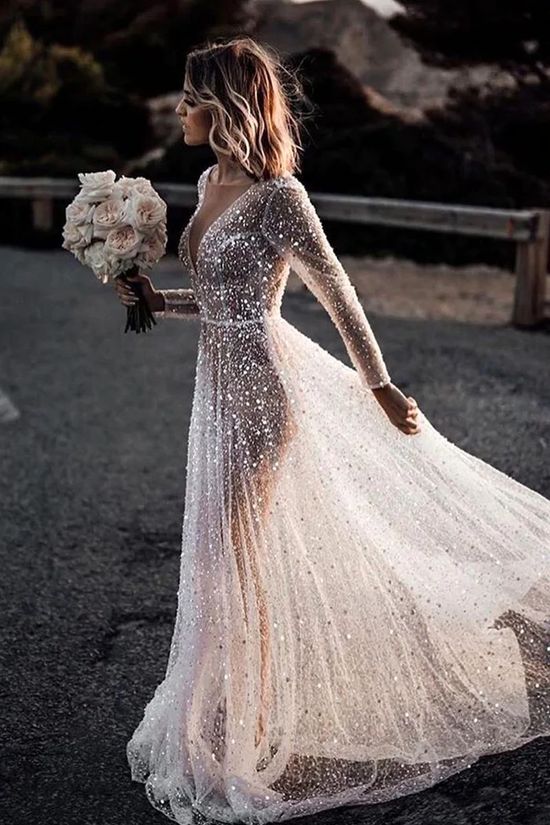 Glitter Tulle A-Line Sheer Scoop Long Sleeves Sequins Wedding Dress