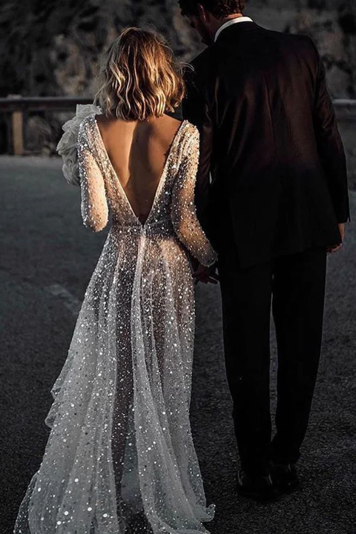 Glitter Tulle A-Line Sheer Scoop Long Sleeves Sequins Wedding Dress Movousdress Glitter Tulle A-Line Sheer Scoop Long Sleeves Sequins Wedding Dress Movousdress