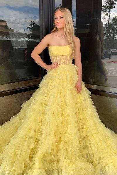 Glitter Tulle A-Line Strapless Sheer Tiered Long Prom Dress