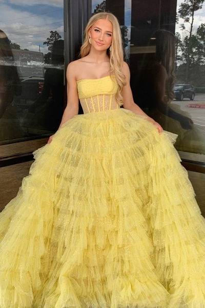 Glitter Tulle A-Line Strapless Sheer Tiered Long Prom Dress