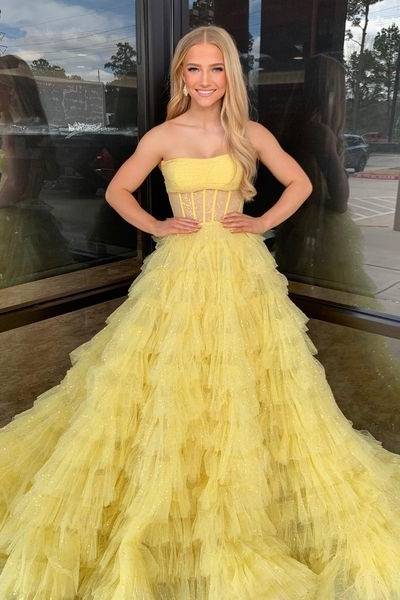 Glitter Tulle A-Line Strapless Sheer Tiered Long Prom Dress