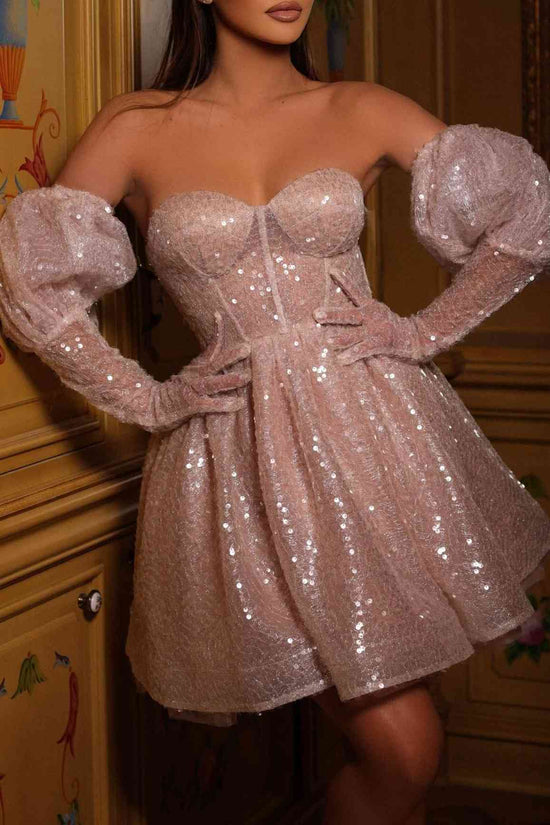 Glitter Tulle A-Line Sweetheart Long Sleeves Sequins Homecoming Dress