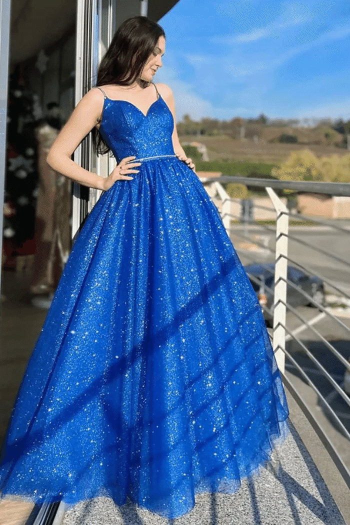 Glitter Tulle A-Line Sweetheart Spaghetti Strapless Prom Dress