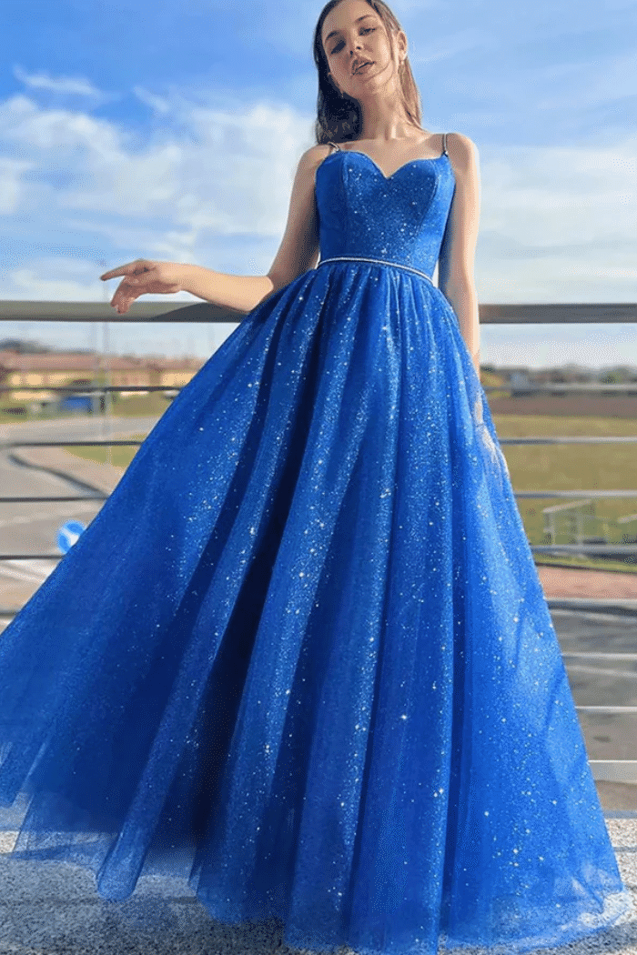 Glitter Tulle A-Line Sweetheart Spaghetti Strapless Prom Dress