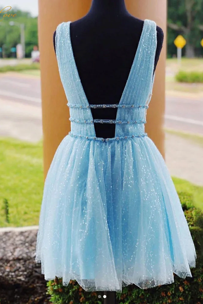 Glitter Tulle A-Line V-Neck Sleeveless Homecoming Dress