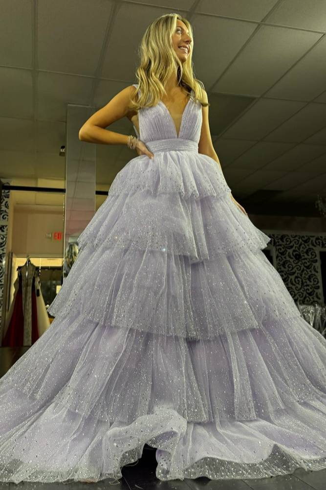 Glitter Tulle A-Line V-Neck Sleeveless Tiered Long Prom Dress