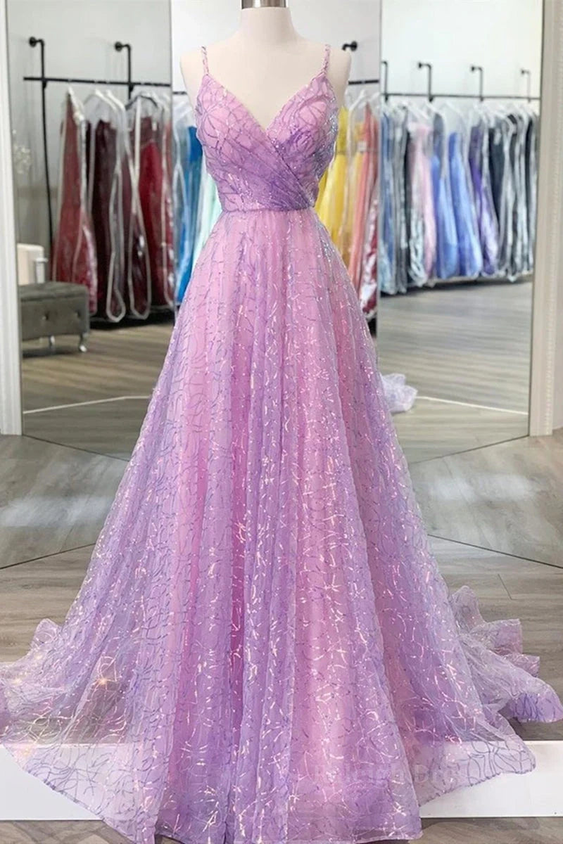 Glitter Tulle A-Line V-Neck Spaghetti Straps Long Prom Dress