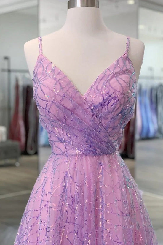 Glitter Tulle A-Line V-Neck Spaghetti Straps Long Prom Dress