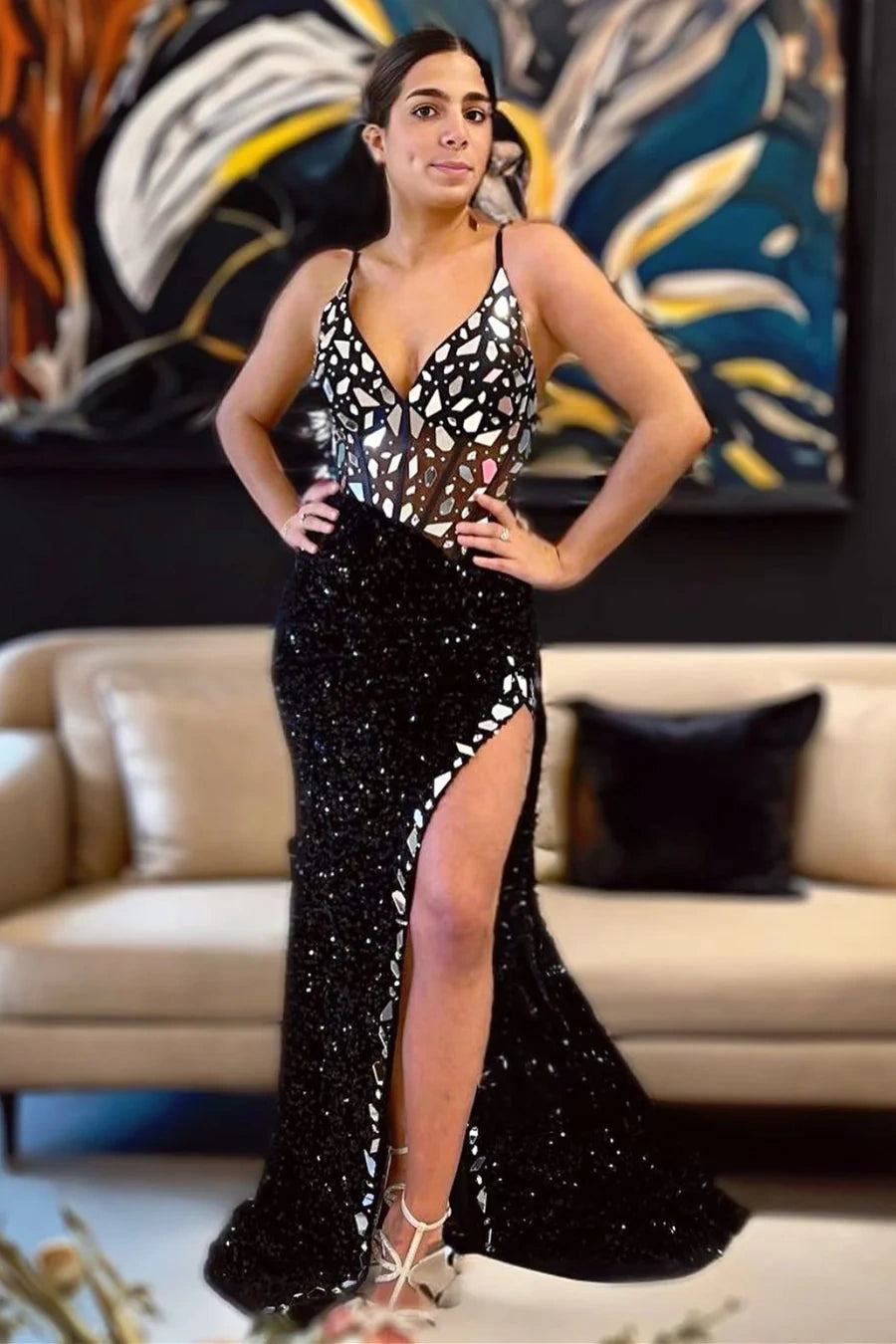 Glitter V-Neck Halter Beaded With Train Sexy Prom Dress