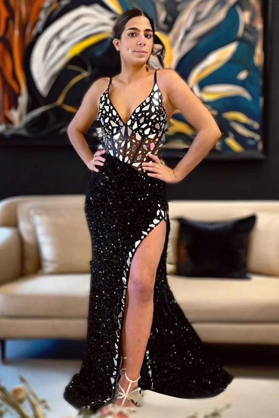 Glitter V-Neck Halter Beaded With Train Sexy Prom Dress