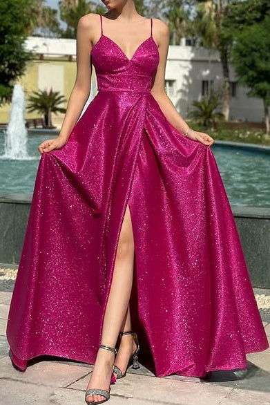 Glitter V-Neck Sleeveless Satin A-Line Prom Dress