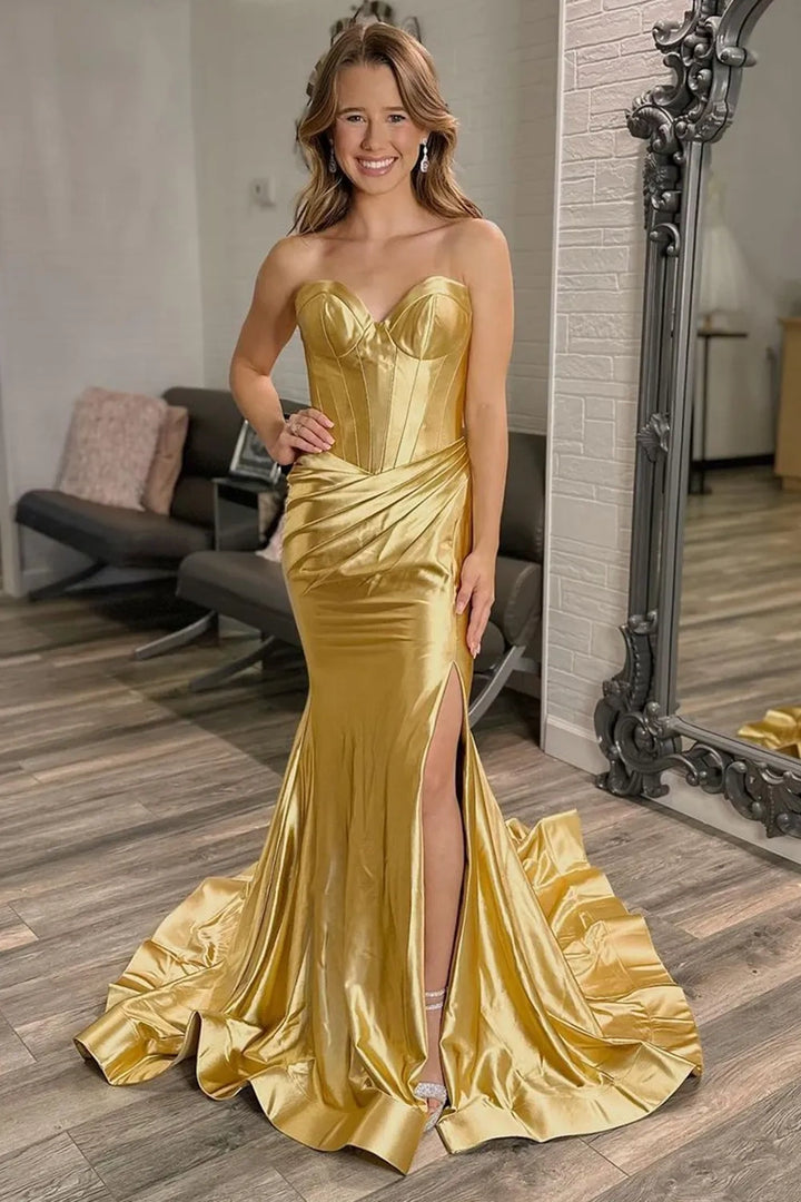 Gold Mermaid Sweetheart Party Prom Dress With Slit
