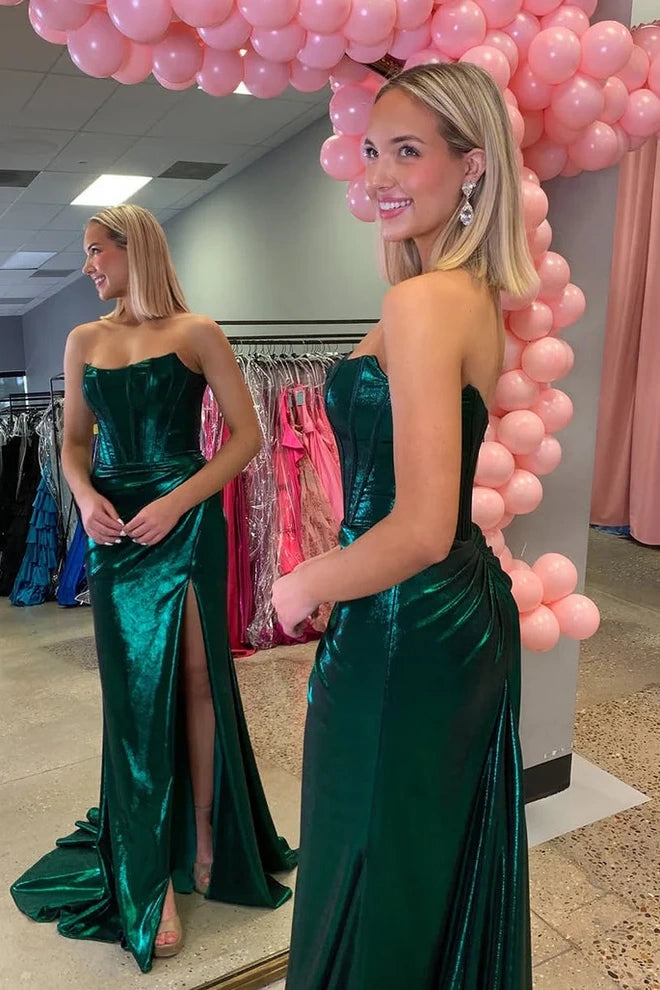 Green Pleated Empire Bateau Strapless Mermaid Party Prom Dress