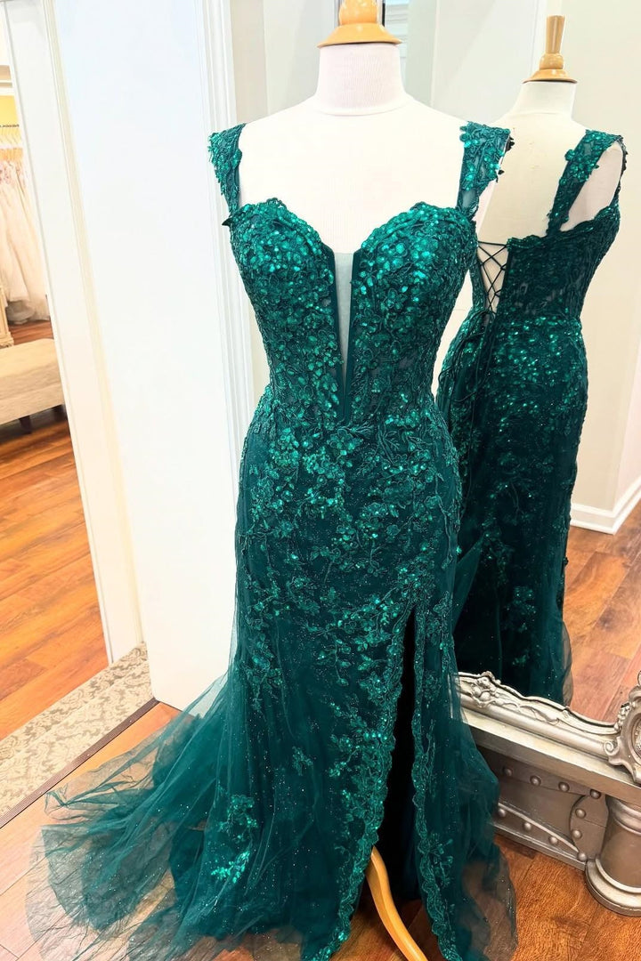 Green Sweetheart Straps Lace Appliques Mermaid Party Prom Dress