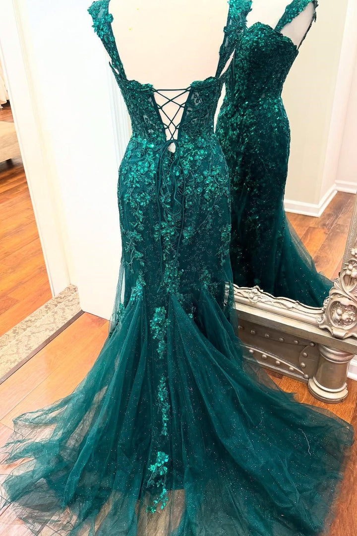 Green Sweetheart Straps Lace Appliques Mermaid Party Prom Dress
