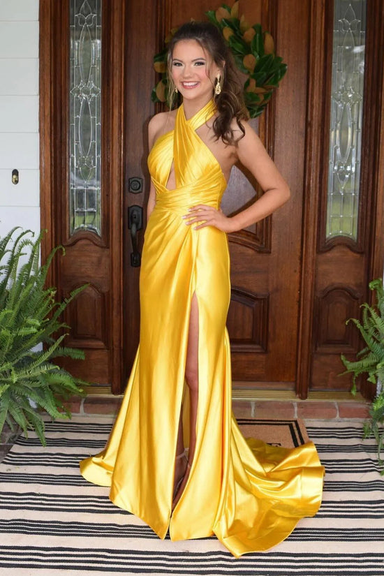 Halter Backless Satin Empire Mermaid Party Prom Dress With Train