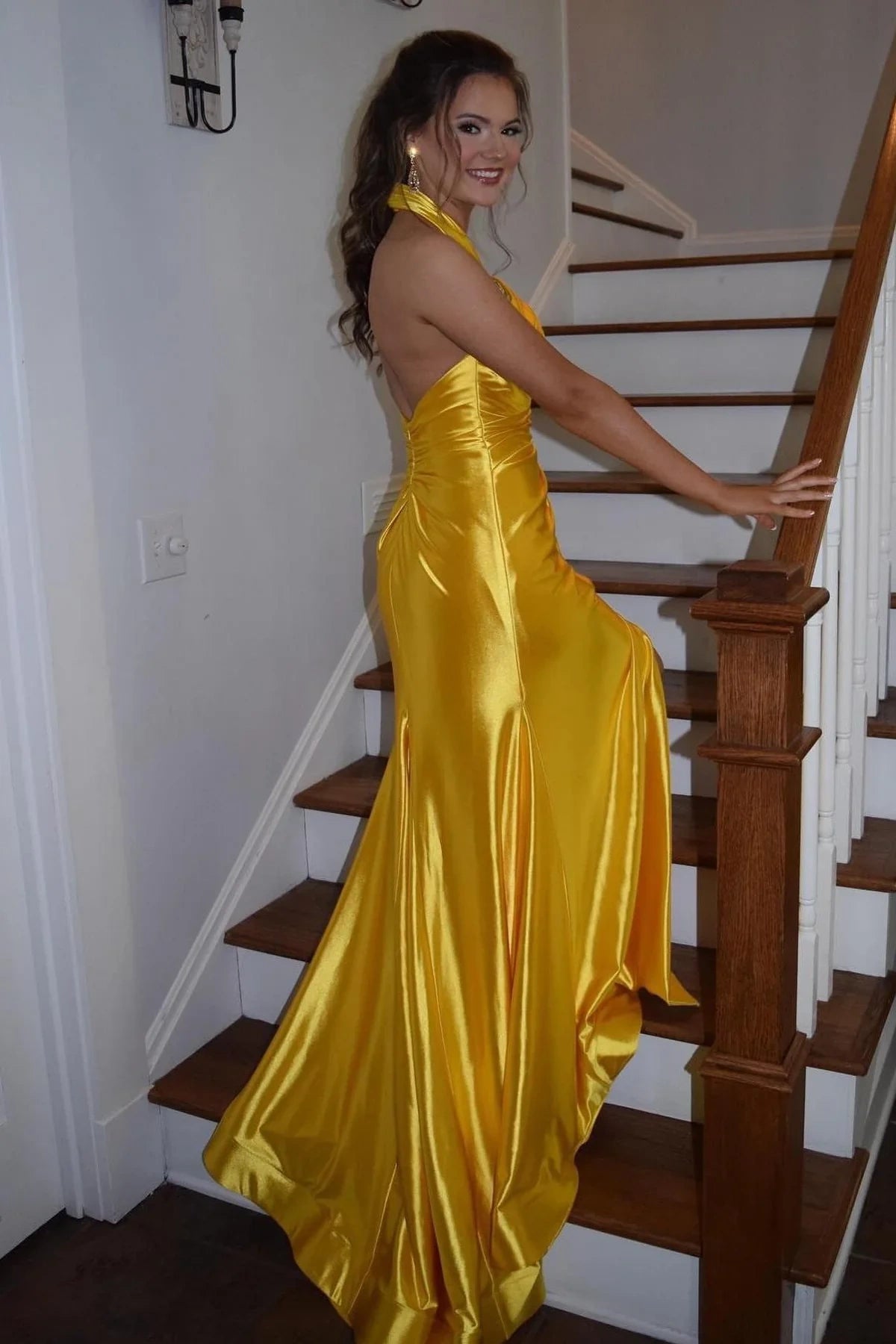 Halter Backless Satin Empire Mermaid Party Prom Dress With Train