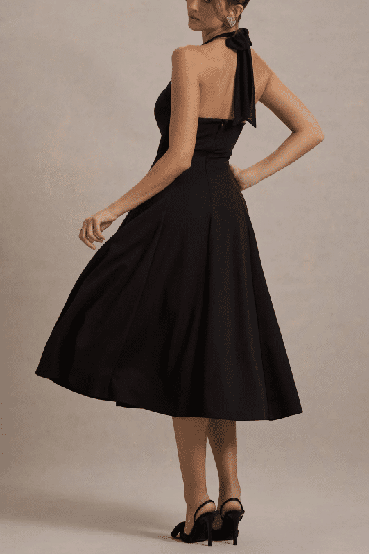 Halter Open Back Satin A-Line Black Party Dress