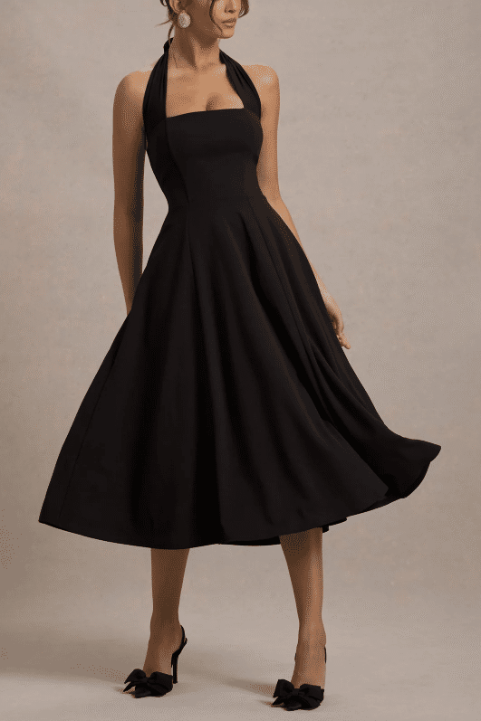 Halter Open Back Satin A-Line Black Party Dress