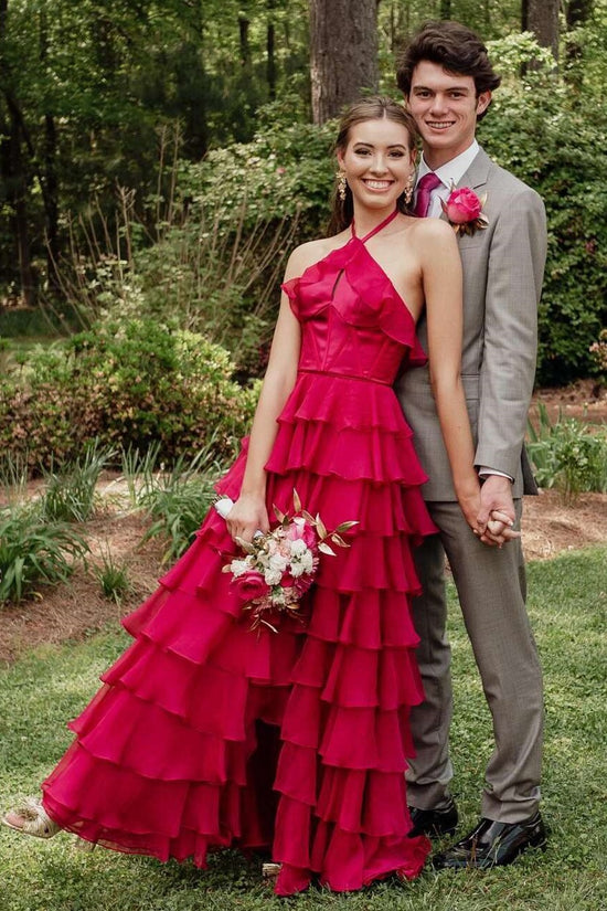 Halter Sleeveless Tiered Ruffled A-Line Formal Party Dress Movousdress Halter Sleeveless Tiered Ruffled A-Line Formal Party Dress Movousdress