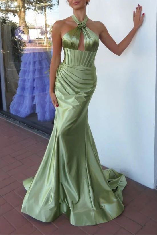 High Neck Backless Mermaid Satin Party Prom Dress