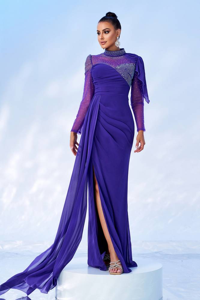 High Neck Long Sleeves Beaded Party Evening Dress