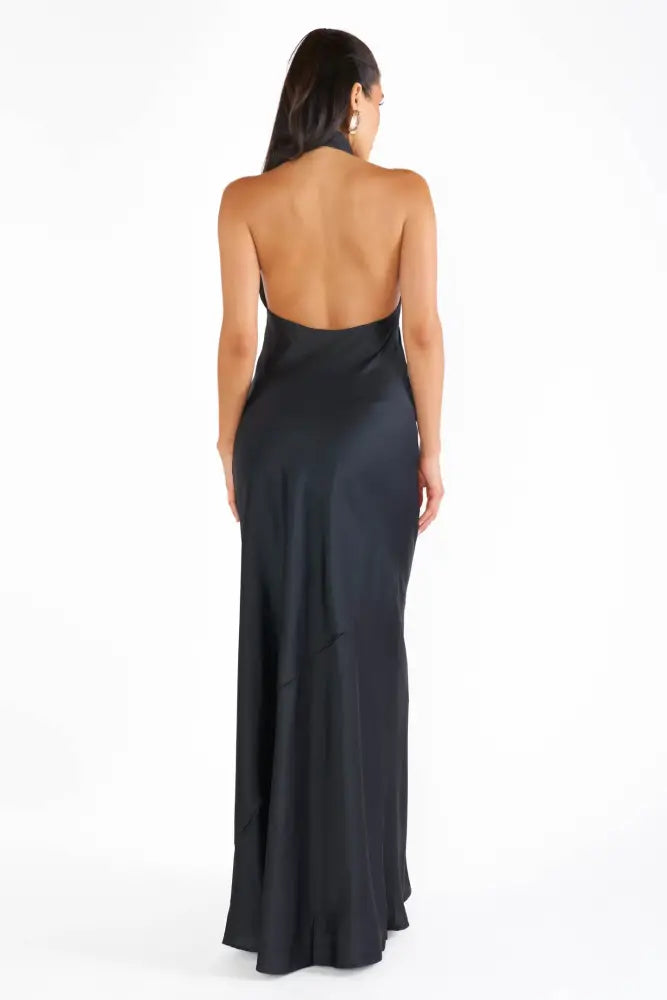 High Neck Open Back Long Black Bridesmaid Dress