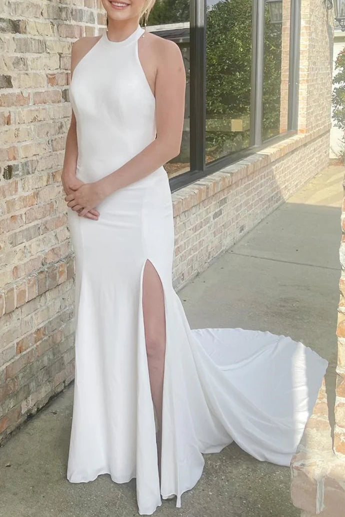 High Neck Sleeveless Open Back Long Wedding Dress