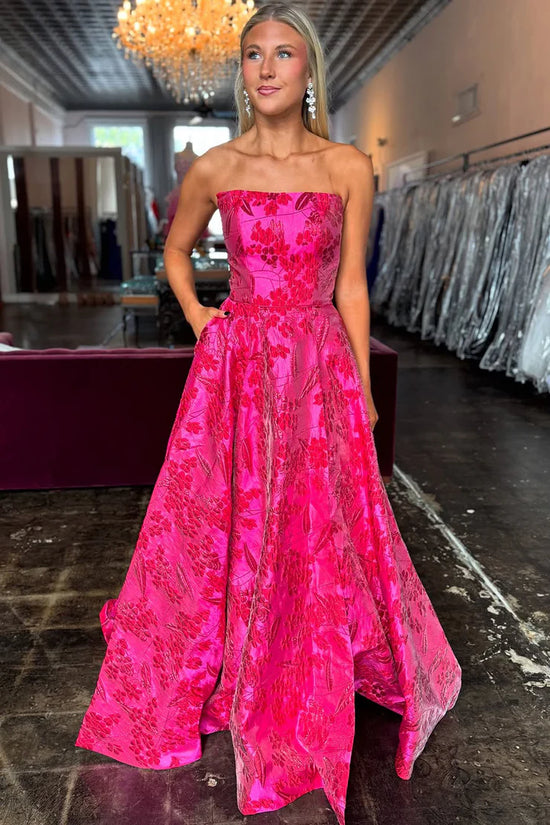 Hot Empire Strapless Satin Floral Long Party Prom Dress With Slit 
