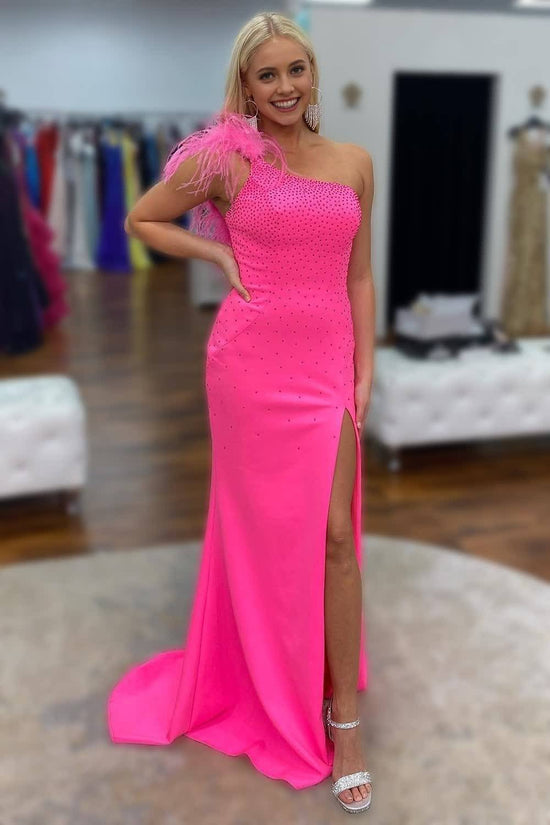 Hot Pink Feathers One Shoulder Beaded Party Prom Dress