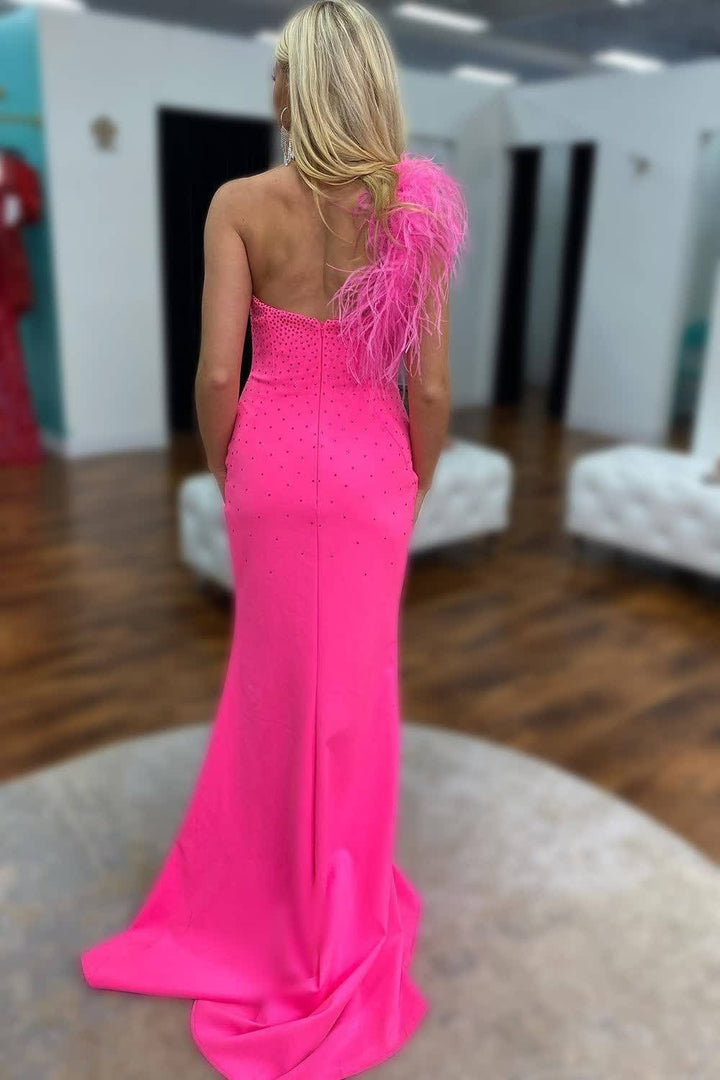 Hot Pink Feathers One Shoulder Beaded Party Prom Dress