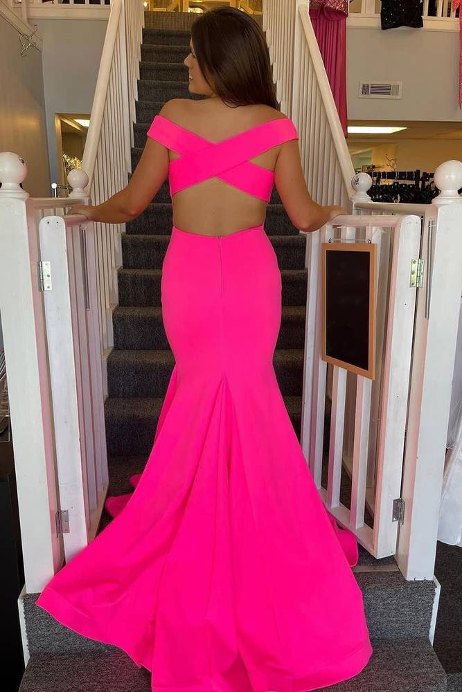 Hot Pink Off-Shoulder Sleeveless Mermaid Party Prom Dress