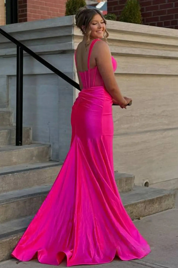 Hot Pink Square Sleeveless Mermaid Party Prom Dress